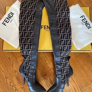 Fendi Brown FF logo stretch knit Thigh High Boots size 38 1/2